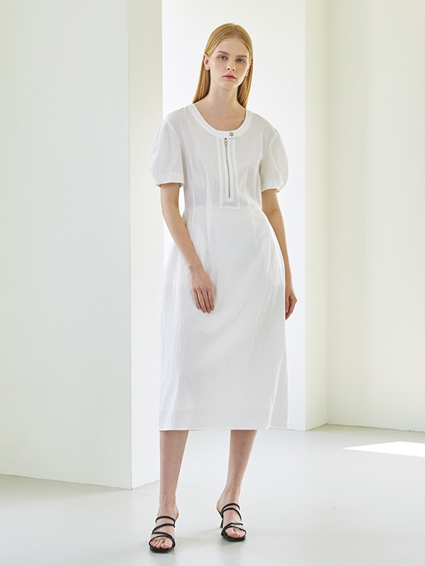 Volume Half Zip-Up Dress - White