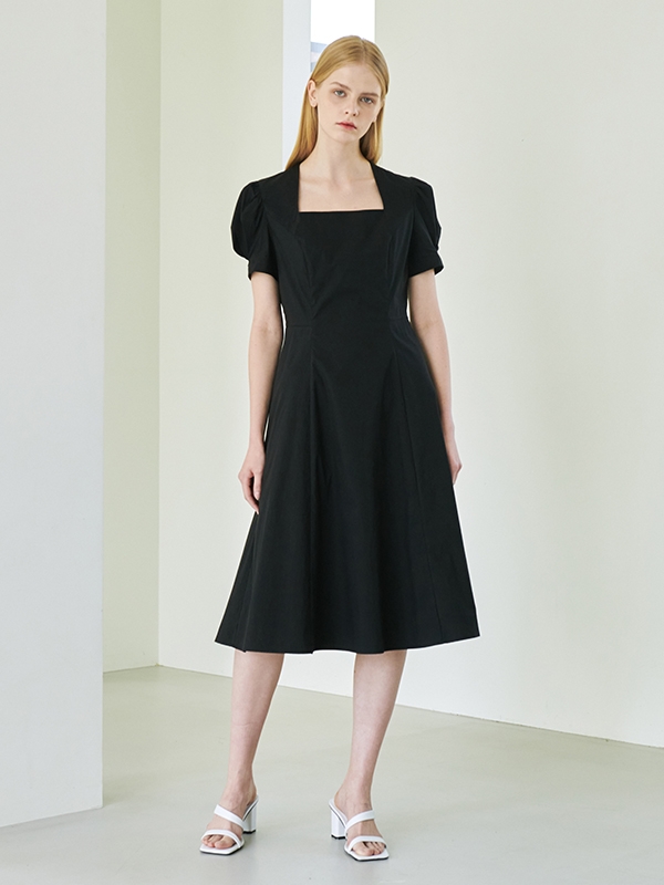 Square Neck Shirring Dress - Black