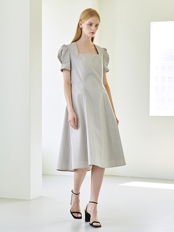 Square Neck Shirring Dress - Gray