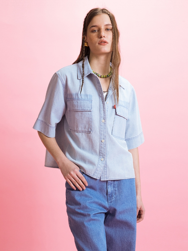 POCKET CROP DENIM SHIRT - LIGHT BLUE