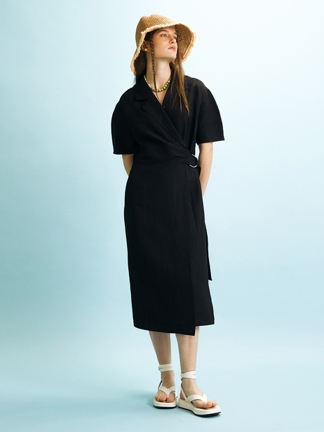 SHIRRED WRAP DRESS - BLACK