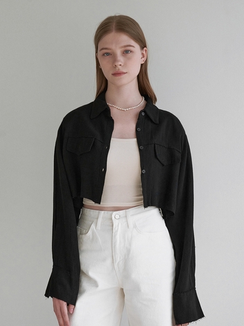 Pocket linen crop shirt - black
