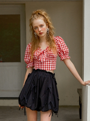 Cest adorable plaid bubble sleeve blouse