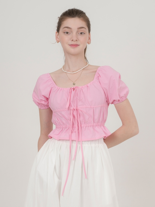 Tie Shirring Puff Top ; Pink