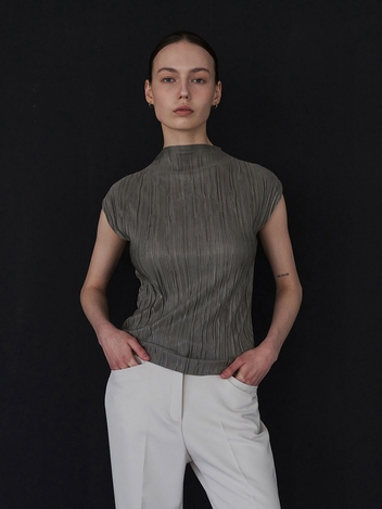 Silky Pleats High-Neck Blouse - Khaki gray