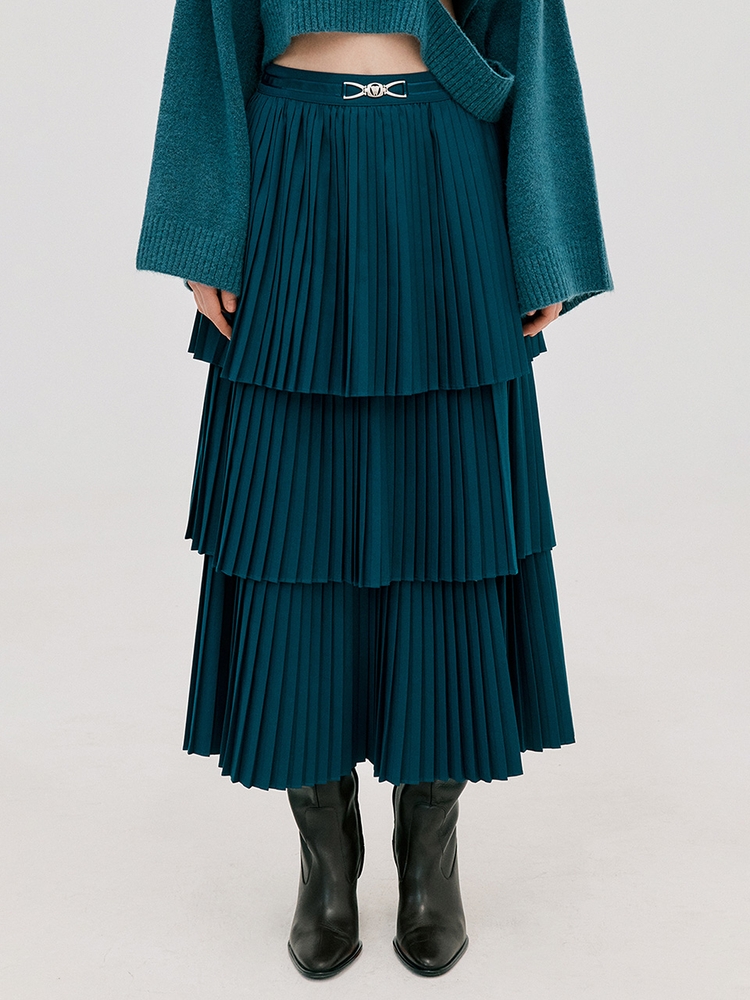 Pleats Slit Long Skirt_Turquise Blue