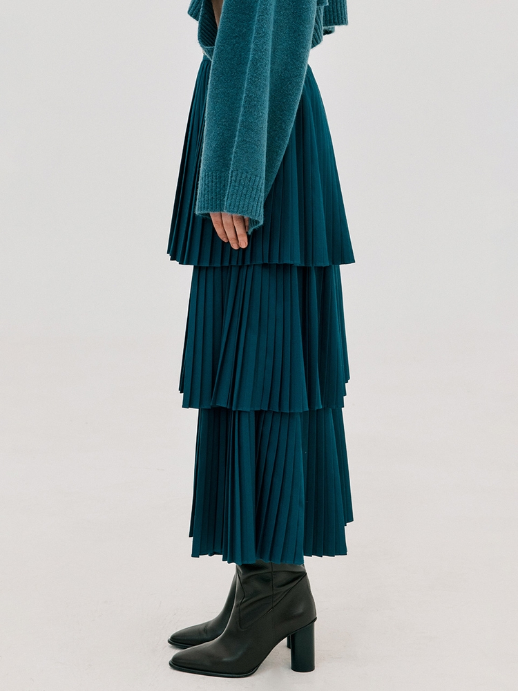 Pleats Slit Long Skirt_Turquise Blue