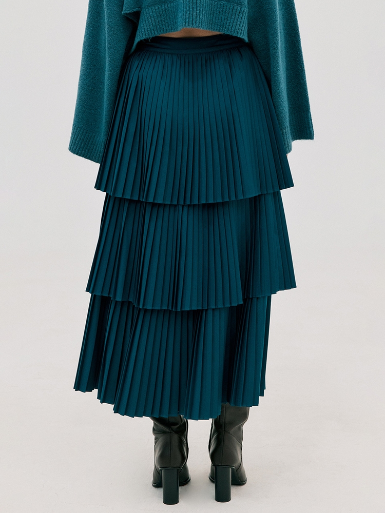 Pleats Slit Long Skirt_Turquise Blue