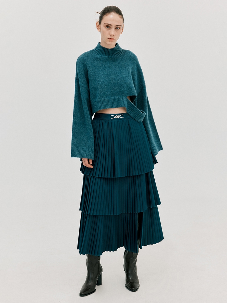 Pleats Slit Long Skirt_Turquise Blue