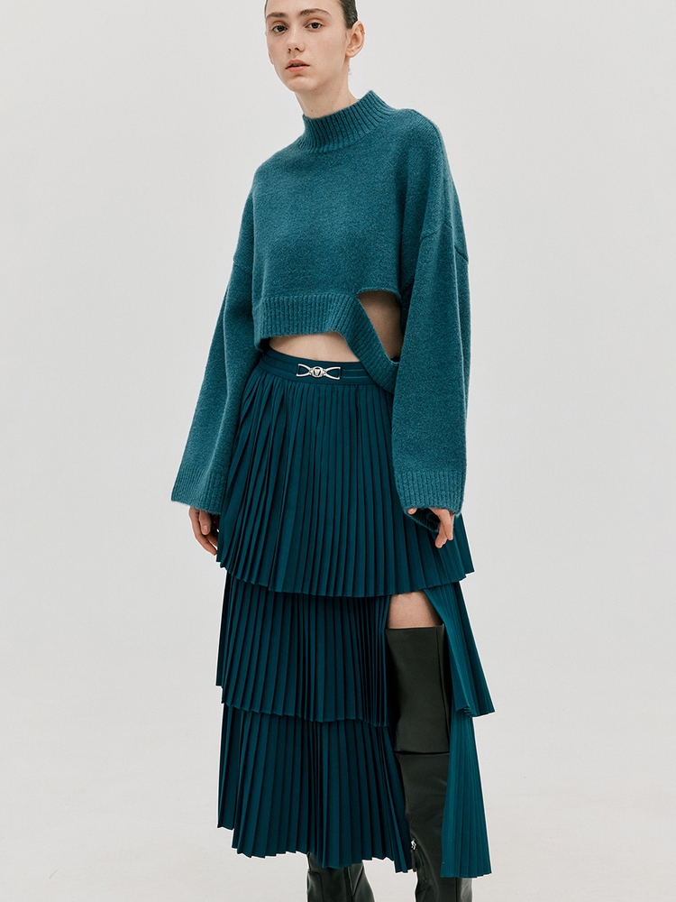 Pleats Slit Long Skirt_Turquise Blue