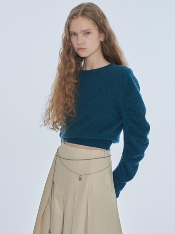 SHIRRING VOLUME SLEEVE KNIT TOP_BLUE