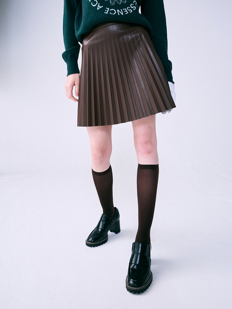 FAUX LEATHER ACCORDIAN PLEATS SKIRT_BROWN