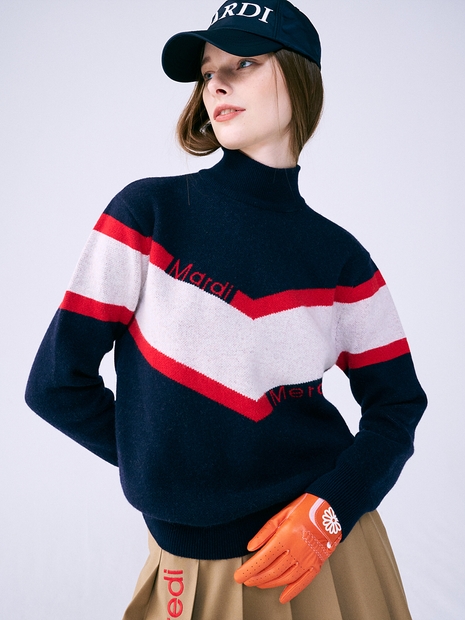 V LOGO JACQUARD HIGH NECK KNIT_NAVY