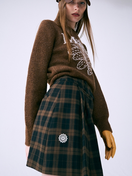 PLAID PLEATS MINI SKIRT_BROWN