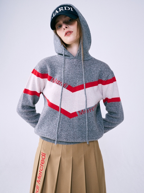 V LOGO JACQUARD HOODIE KNIT_GREY