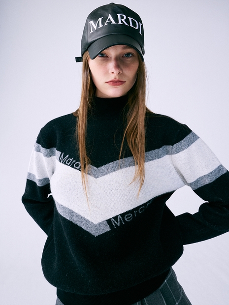 V LOGO JACQUARD HIGH NECK KNIT_BLACK
