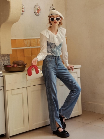 Moidew instant straight denim slit pants