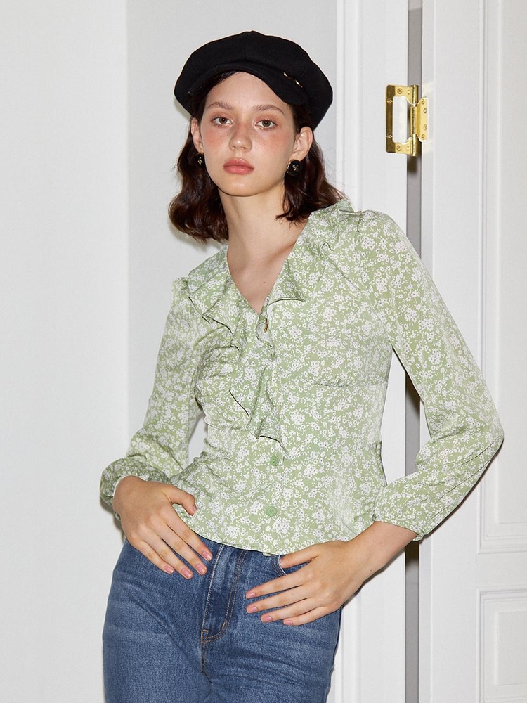 Puff Shoulder Ruffle Blouse_Green