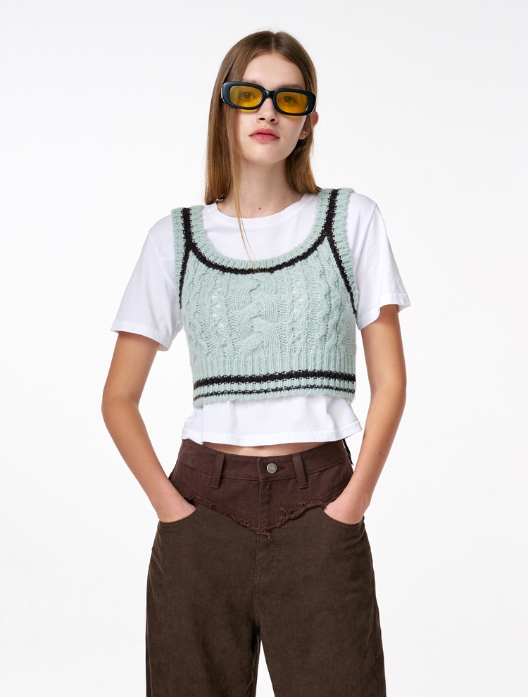 Cable Crop Knit Bustier, Mint