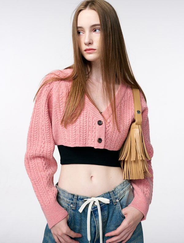 Cable Crop Knit Cardigan, Pink