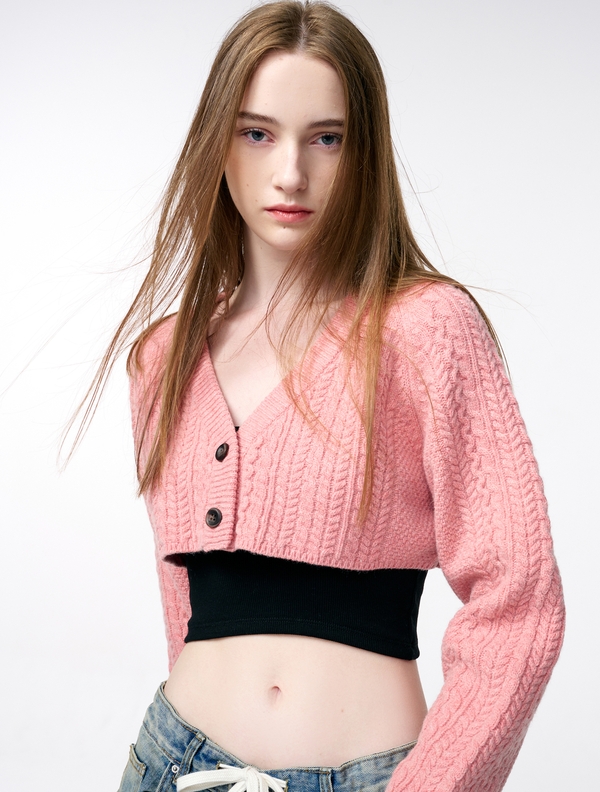 Cable Crop Knit Cardigan, Pink