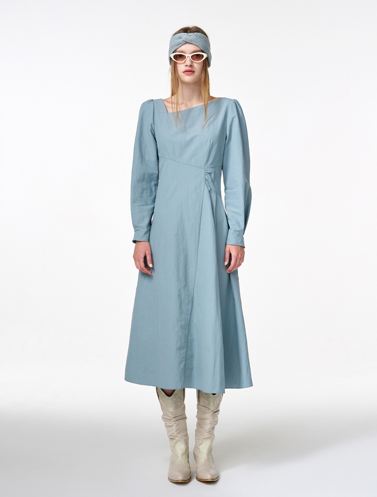 Unbalance Line Pintuck Dress, Greyish Blue