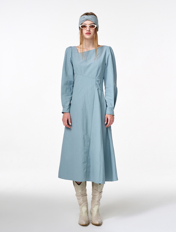 Unbalance Line Pintuck Dress, Greyish Blue