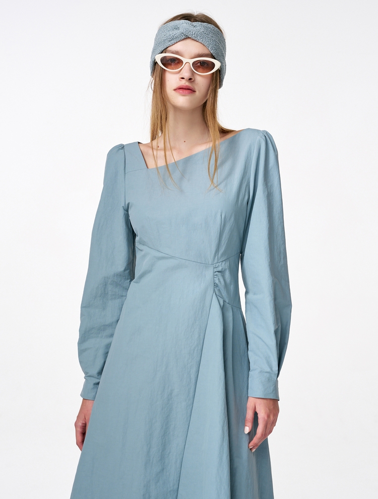 Unbalance Line Pintuck Dress, Greyish Blue