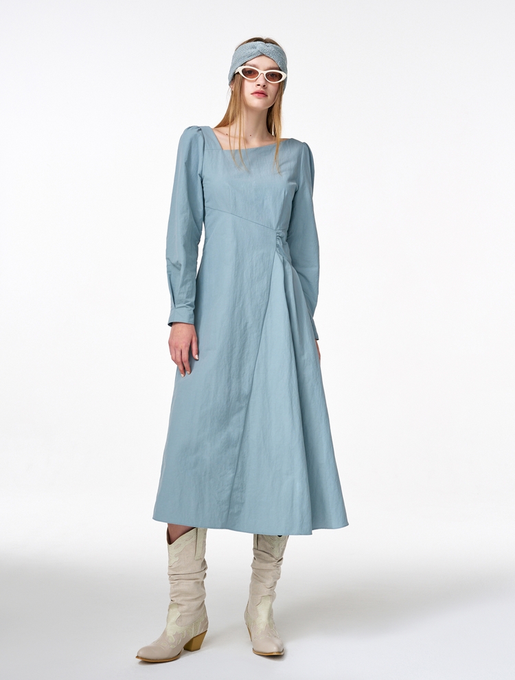 Unbalance Line Pintuck Dress, Greyish Blue