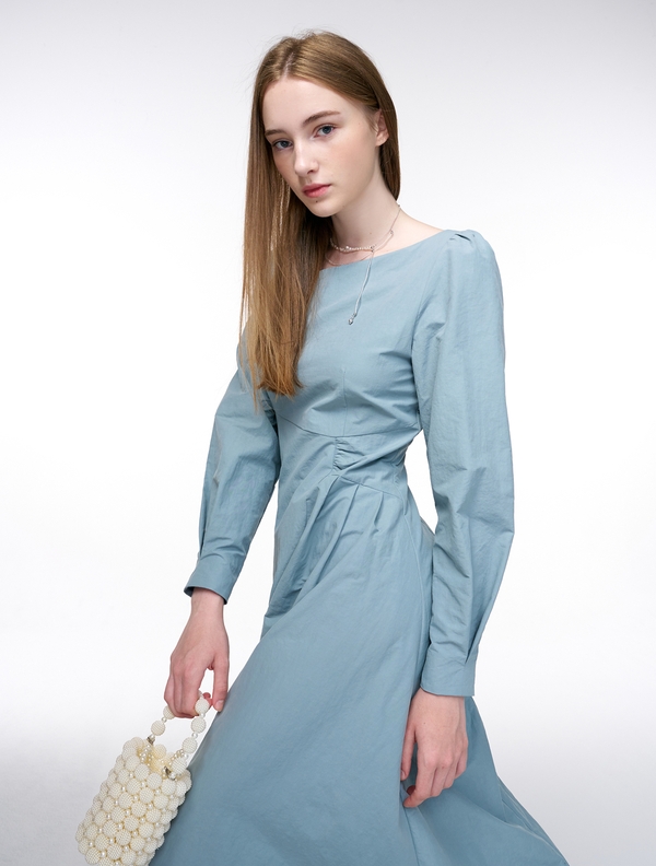 Unbalance Line Pintuck Dress, Greyish Blue