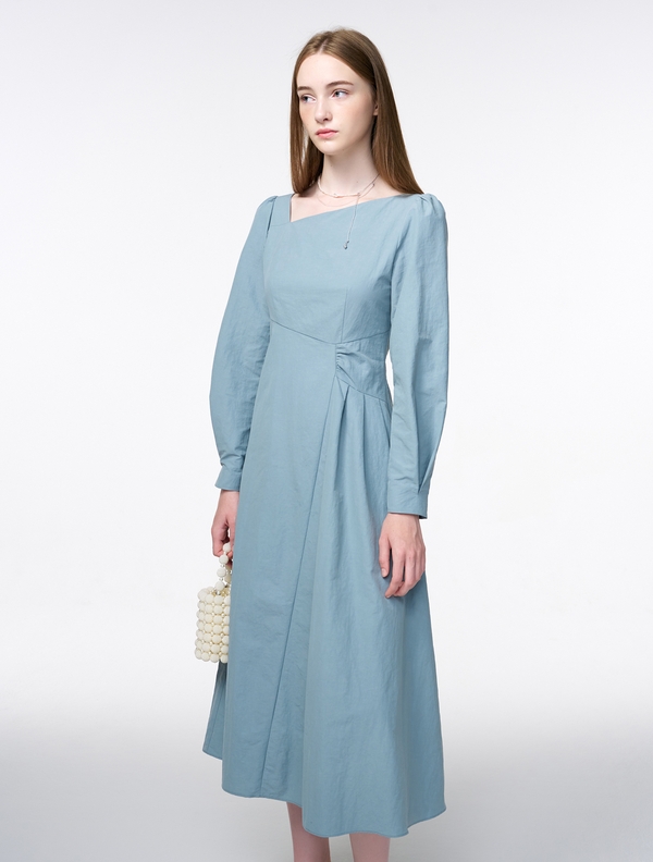 Unbalance Line Pintuck Dress, Greyish Blue