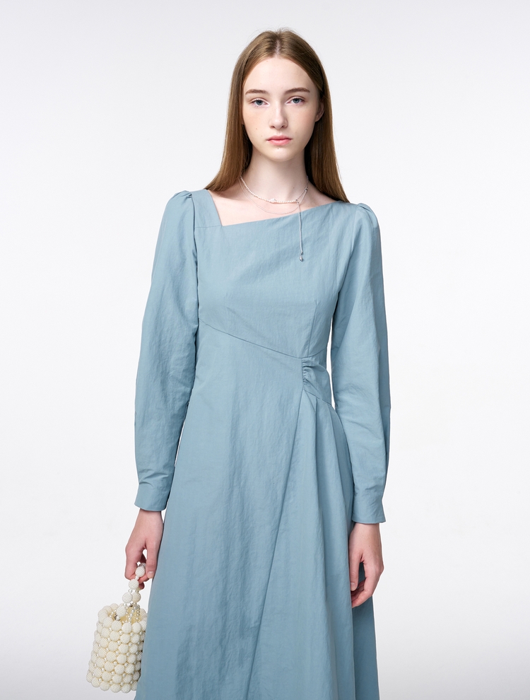 Unbalance Line Pintuck Dress, Greyish Blue