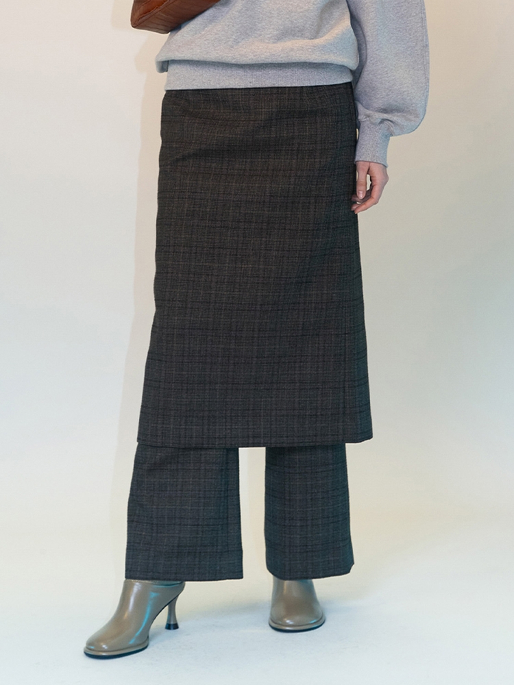 SKIRT LAYERED CHECK PANT - BROWN