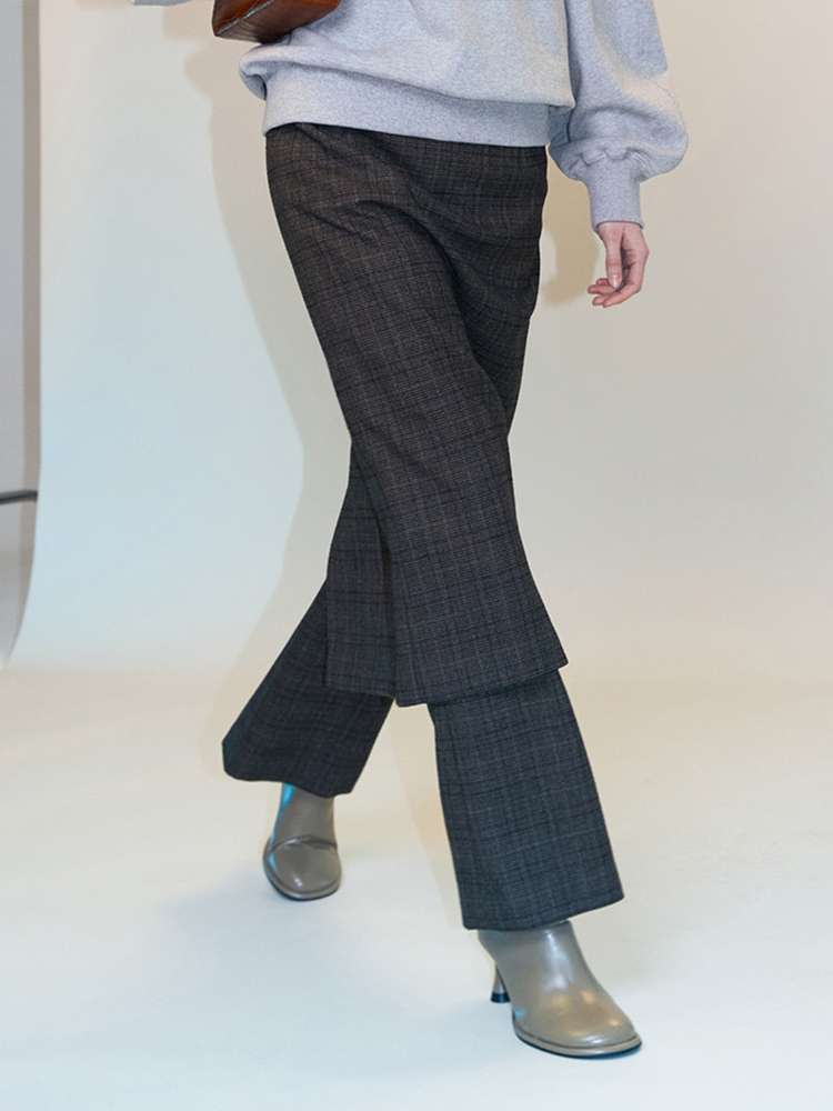 SKIRT LAYERED CHECK PANT - BROWN