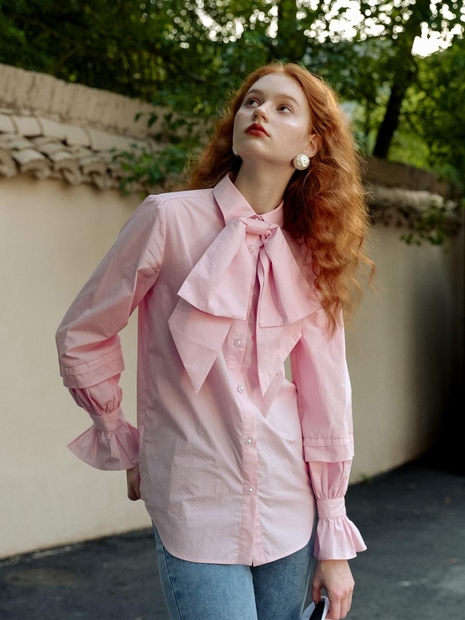 Moidew_pink lantern sleeve ribbon shirt