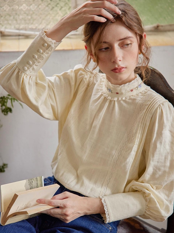 Ella Embroidered High Collar Apricot Blouse