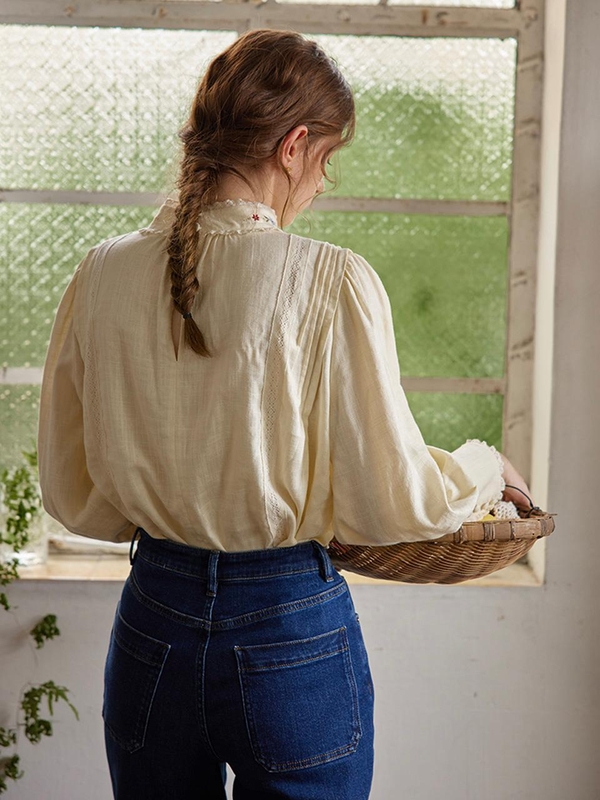 Ella Embroidered High Collar Apricot Blouse