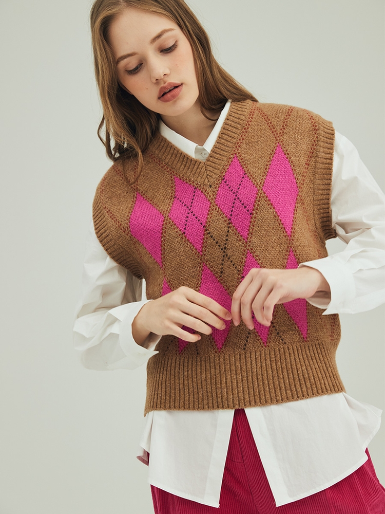 ARGYLE KNIT VEST_PINK