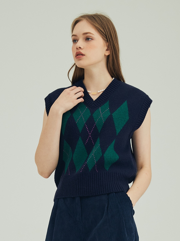 ARGYLE KNIT VEST_NAVY