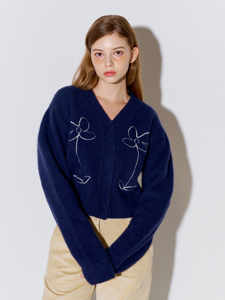 FLOWER BUTTON RACCOON CARDIGAN_NAVY