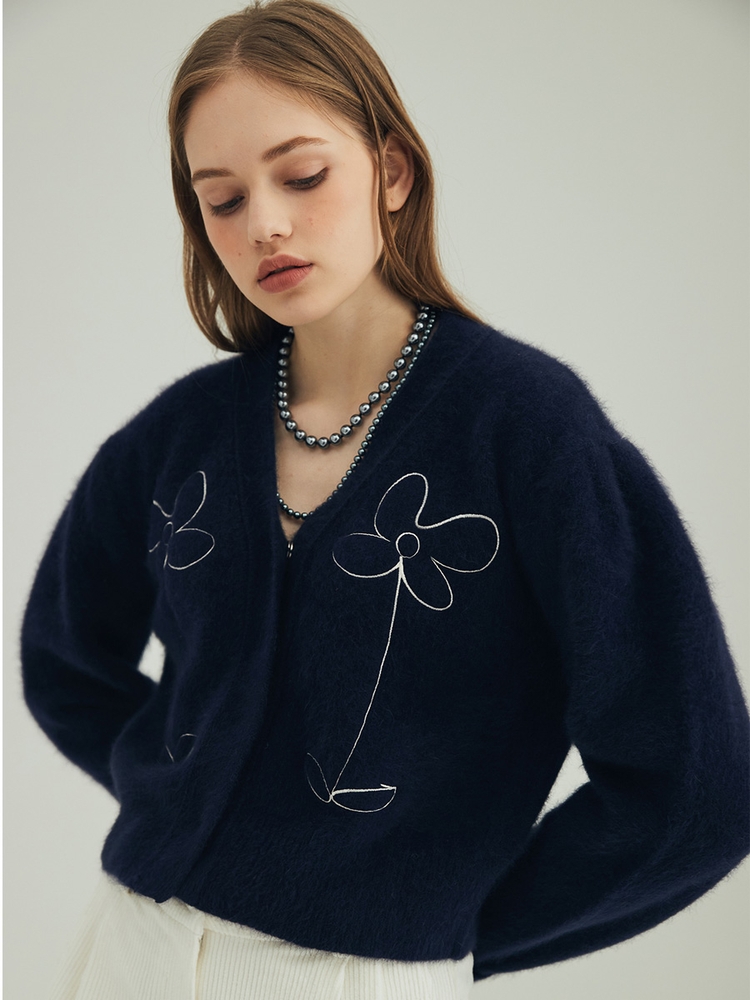 FLOWER BUTTON RACCOON CARDIGAN_NAVY