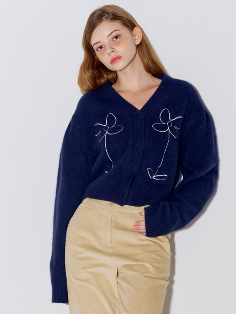 FLOWER BUTTON RACCOON CARDIGAN_NAVY