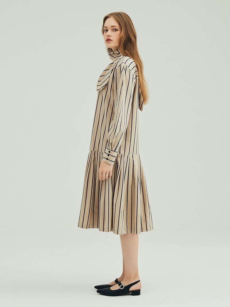 STRIPE TIE PLEATS DRESS_BEIGE