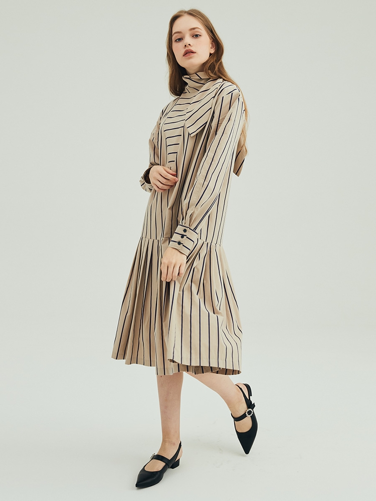 STRIPE TIE PLEATS DRESS_BEIGE