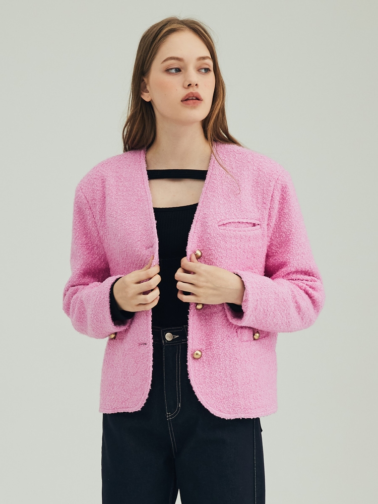 COLLARLESS V-NECK TWEED WOOL JACKET_PINK