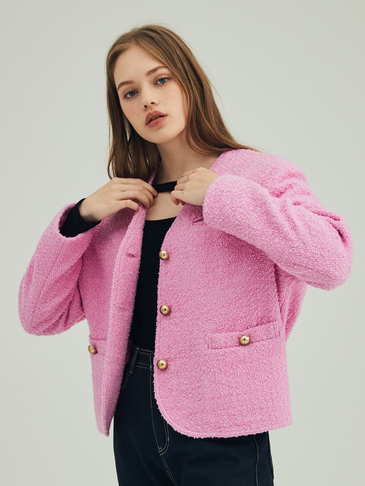 COLLARLESS V-NECK TWEED WOOL JACKET_PINK