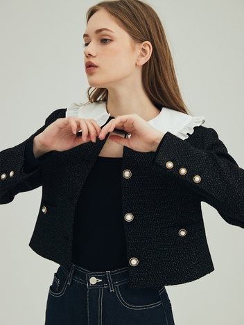 SHIRRING COLLAR CROPPED TWEED JACKET_BLACK