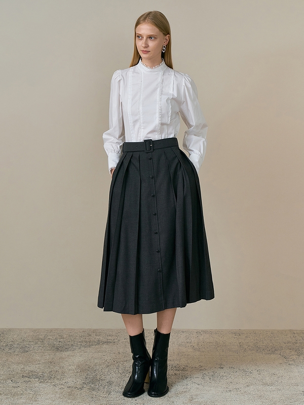 JANE Belted pleats skirt_grey