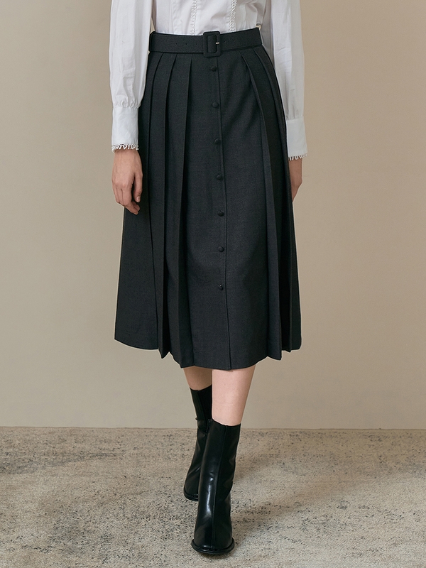 JANE Belted pleats skirt_grey