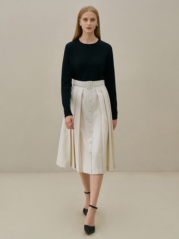 JANE Belted pleats skirt_ivory